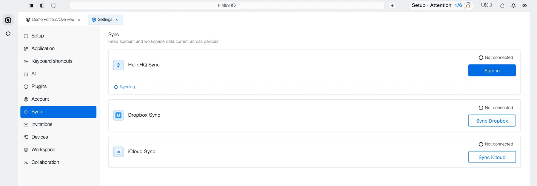 HelloHQ desktop Settings, Sync page, offering HelloHQ Sync, Dropbox and iCloud as sync destinations